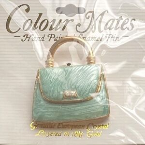 NWT HandBag Purse Pin Brooch Green Enamel, 18 Kt. Gold Painted & Crystal Accents
